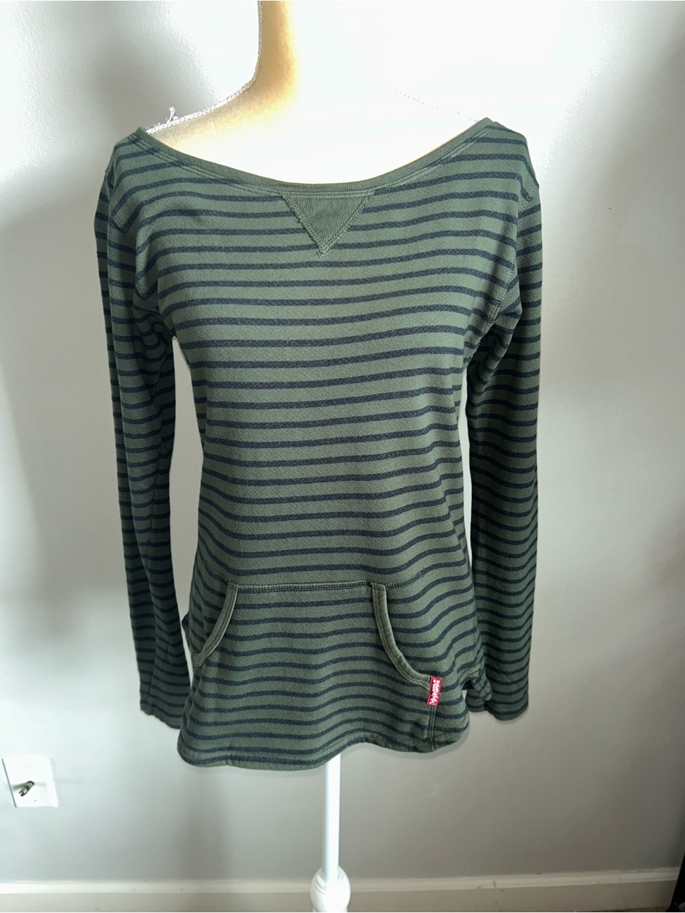 NEW Hard Tail Olive Green and Black Striped Boatneck Sweatshirt Sz S